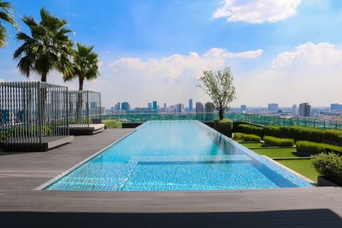 pool with a city scape view